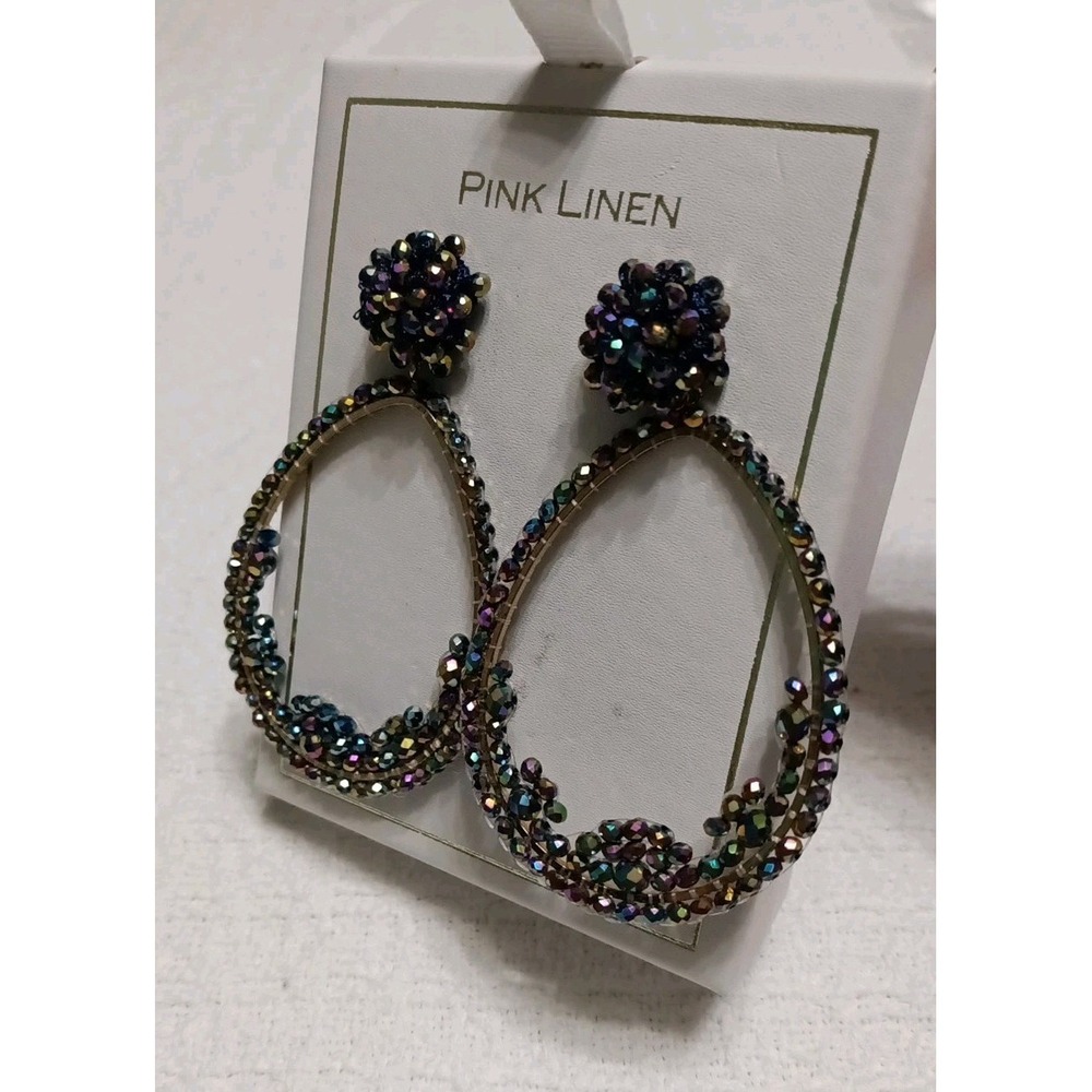 Whimsygoth Oval Hoop Irridescent Rhinestones Earrings 3"Long Dark